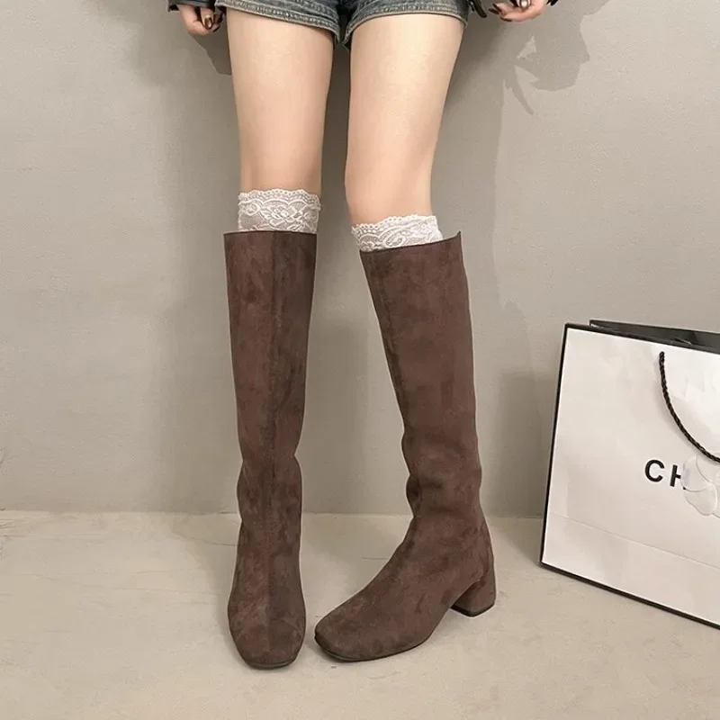 Women Faux Suede Knee High Boots Square Toe Block Heel Back Zip Slim Non Slip Vintage Casual Daily Commute Fall Winter Shoes