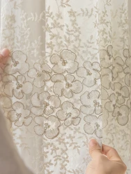 Faux Pearl Decor Polyester  Embroidered Sheer Curtain, Embroidered Curtain