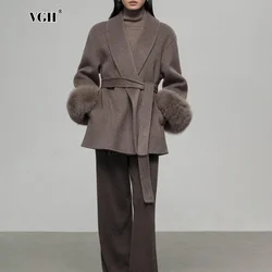 VGH Loose Woolen Jacket with Faux Fur for Women Lapel Long Sleeve Patchwork Lace Up Winter Temperament Short Coat Female Clothes