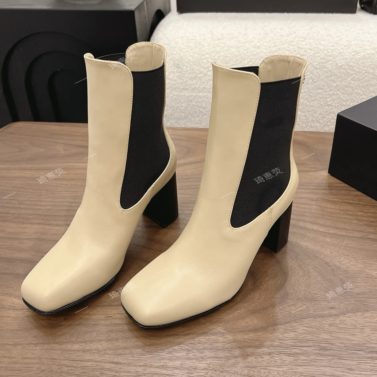 Color-Block Square-Toe Chunky-Heel Ankle Boots 2026 High-Heeled Fashion Boots Slimming With A Premium Feel Single-Layer Boots