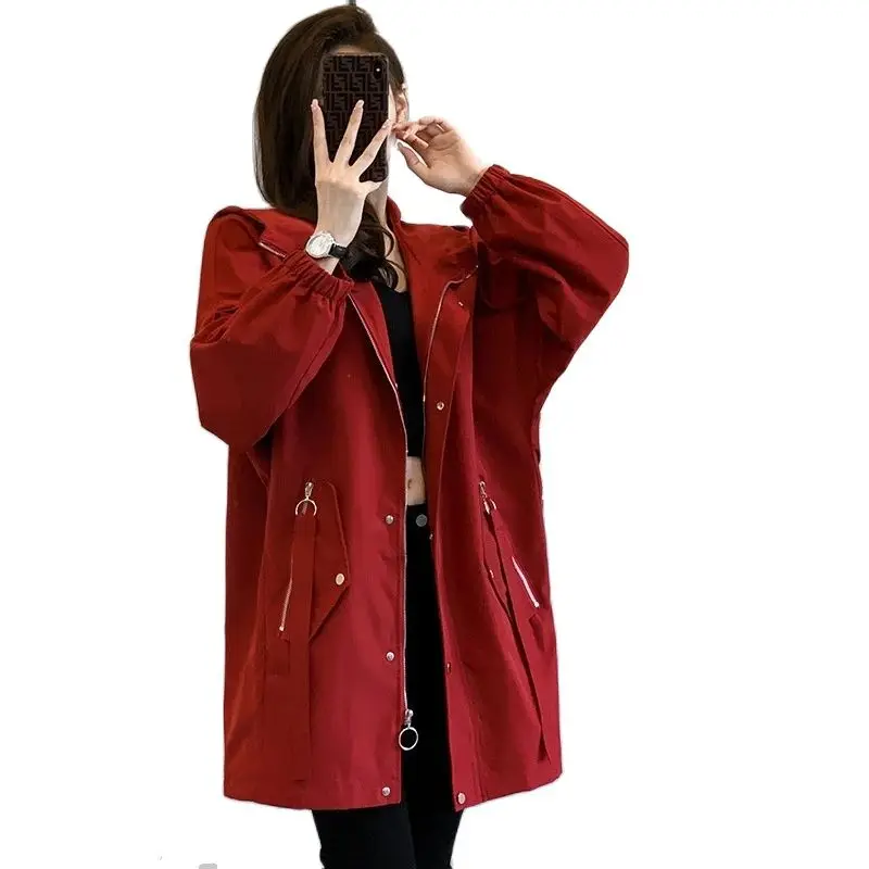 

2023 New Spring Autumn Mid Long Hooded Trench Coat Women Fashion Long Sleeve Overcoat Female Windbreaker Outcoat Tops K888