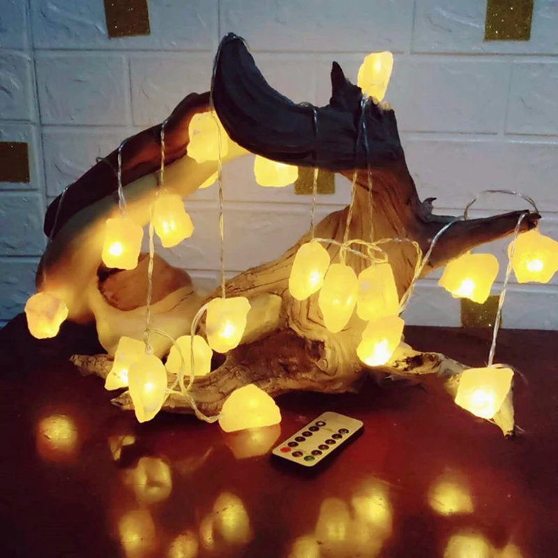 Lámpara de sal blanca con batería, cadena de luces cálidas de cristal Natural, 10 LED, decoración interior y exterior del hogar