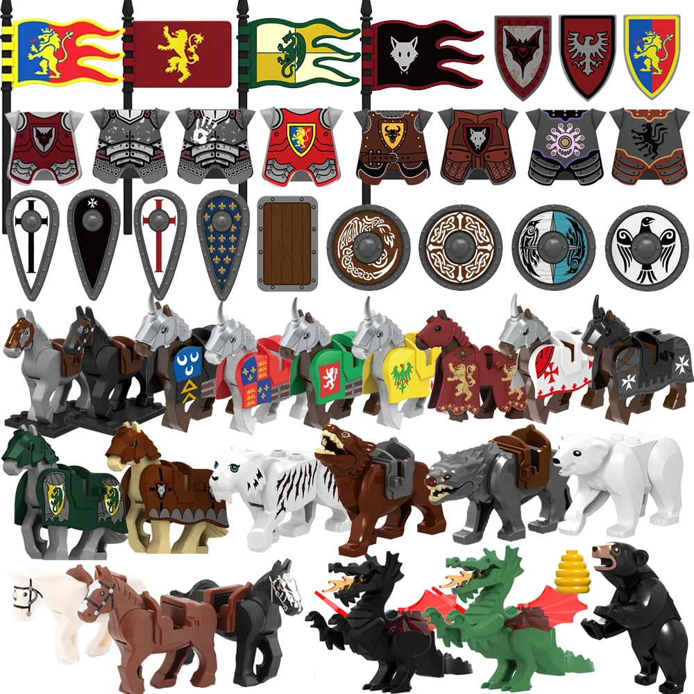 Medieval Military Castle Knight Building Blocks Riding Horse Wolf Bear Animal Vest Weapon Flag Saddle Dragon Toy Brick Gift K024