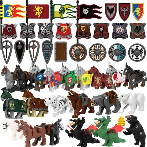 Medieval Military Castle Knight Building Blocks Riding Horse Wolf Bear Animal Vest Weapon Flag Saddle Dragon Toy Brick Gift K024