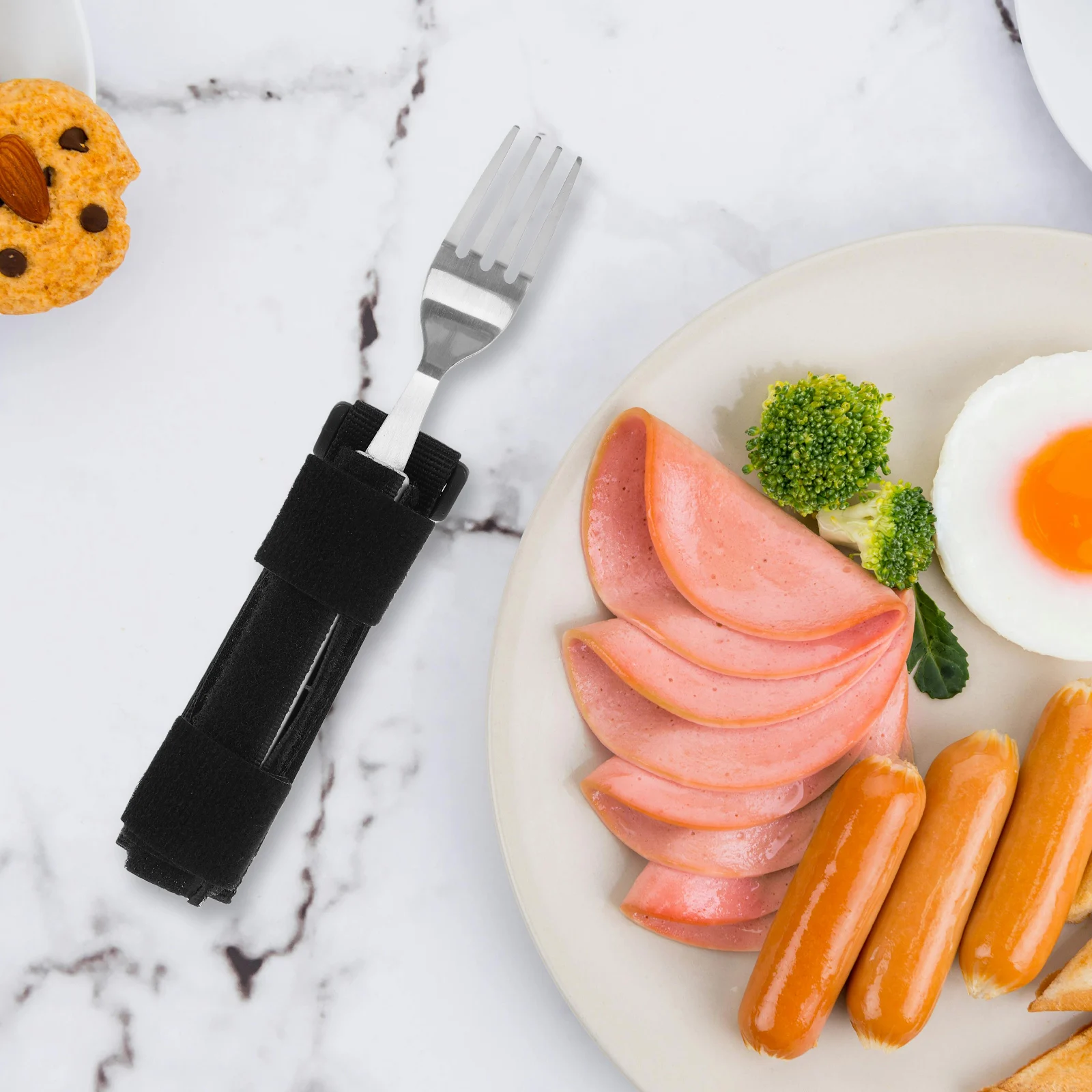 

Adaptive Utensils Set For Elderly Self Feeding Fork Cuff Strap Rehabilitation Aid Stainless Steel Fabric Easy Clean Durable