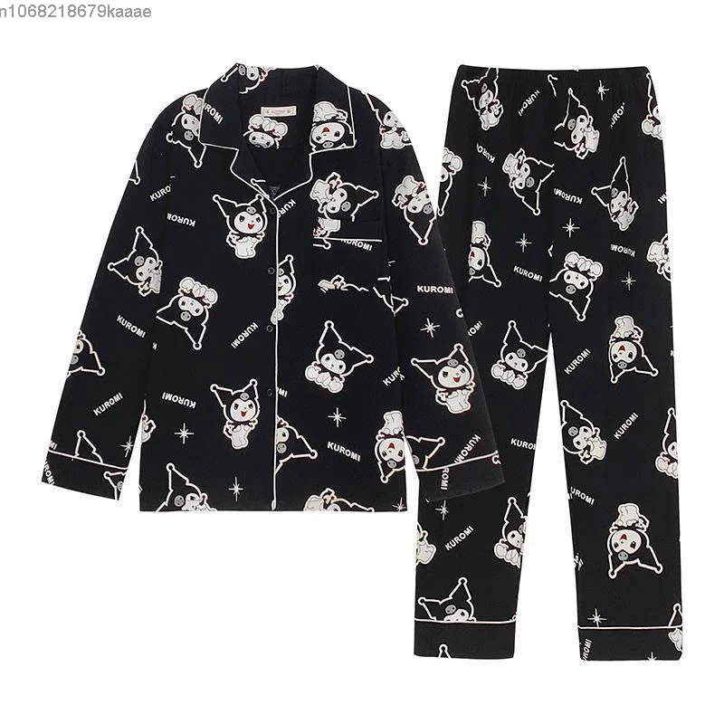 Sanrio Kuromi Cartoon Paar Pyjama Vrouwen Mannen Lente Herfst Katoenen Lange Mouw Top Shirt Broek 2 Delige Set Y 2K Nachtkleding Pak