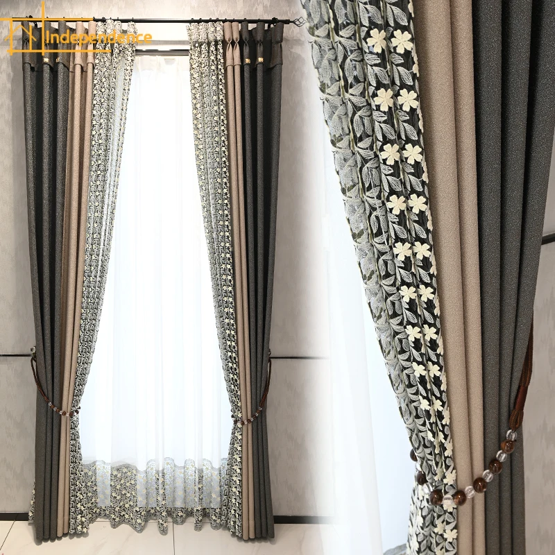 

Customized Grey Beige Embroidered Window Screen Splicing Blackout Curtains for Living Room Bedroom French Window Balcony Window