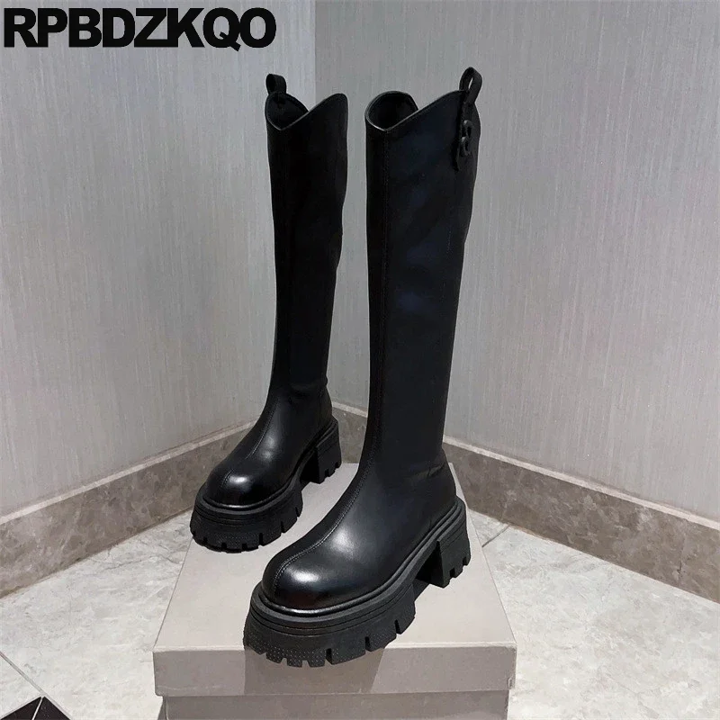 

Shoes Boots Women Fur Slim Zipper Block Genuine Leather Round Toe Cow Skin Modern Long Platform Knee High Fashion Tall Heels