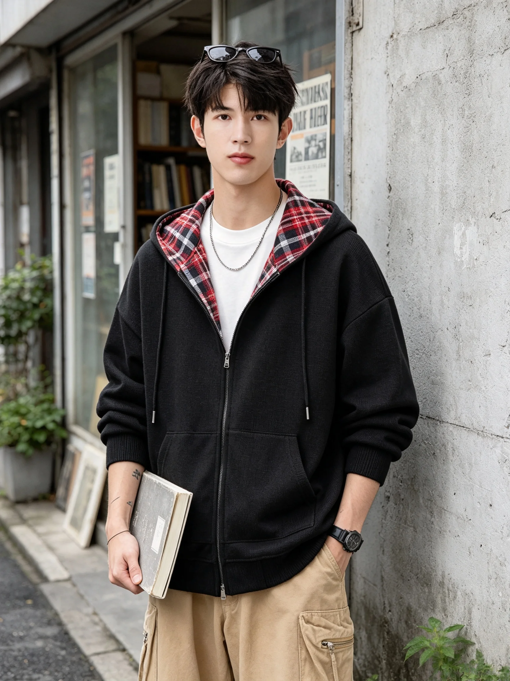 Contrast Plaid Inner Hood Zip Sweatshirt Men Soft Thick Jersey Loose Fit All-Match Streetwear Outer Coat