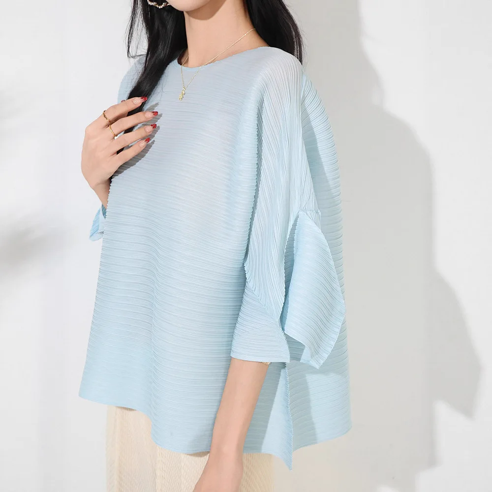 Miyake Summer New Round Neck Lantern Sleeves Chic Niche Design Sense Thin Fashion T-shirt Pullover Versatile Pleated Top