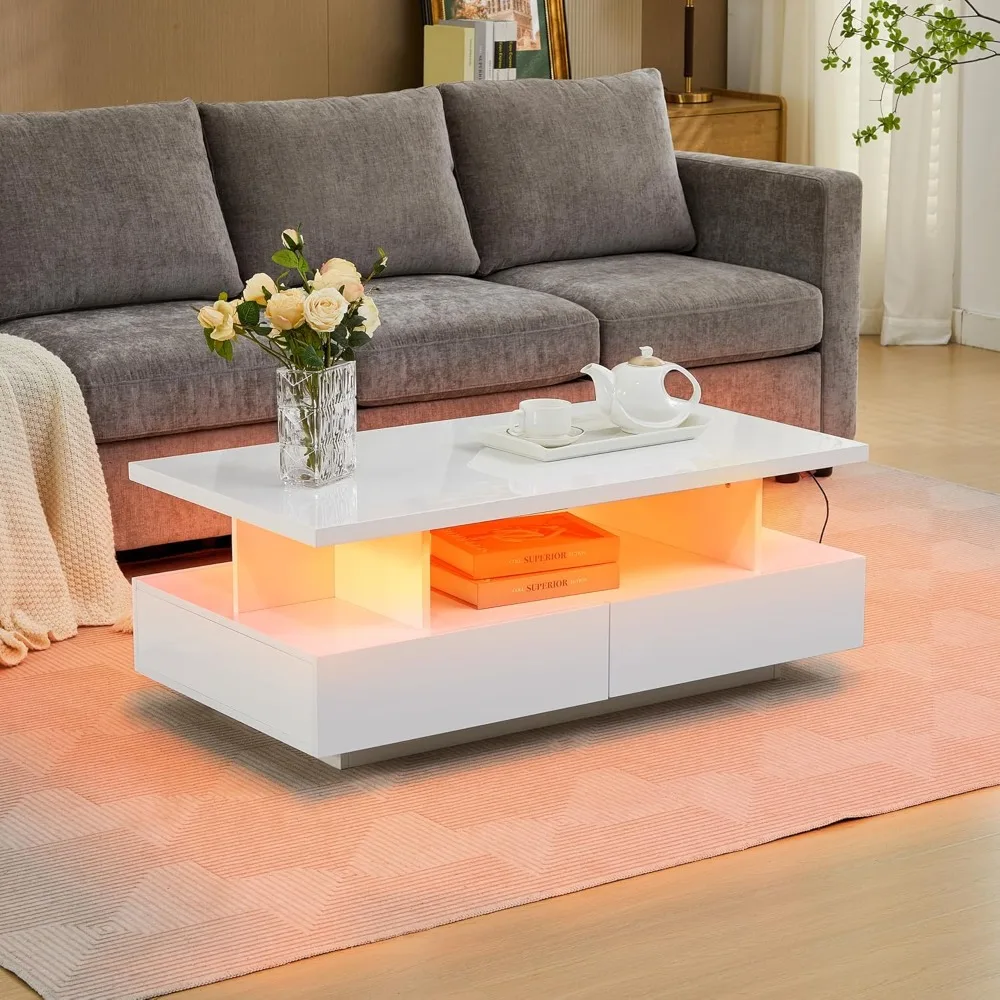 LED Coffee Table, Modern High Glossy Coffee Table with 4 Drawers and Open Display Shelf Wood Rectangle Center Tables