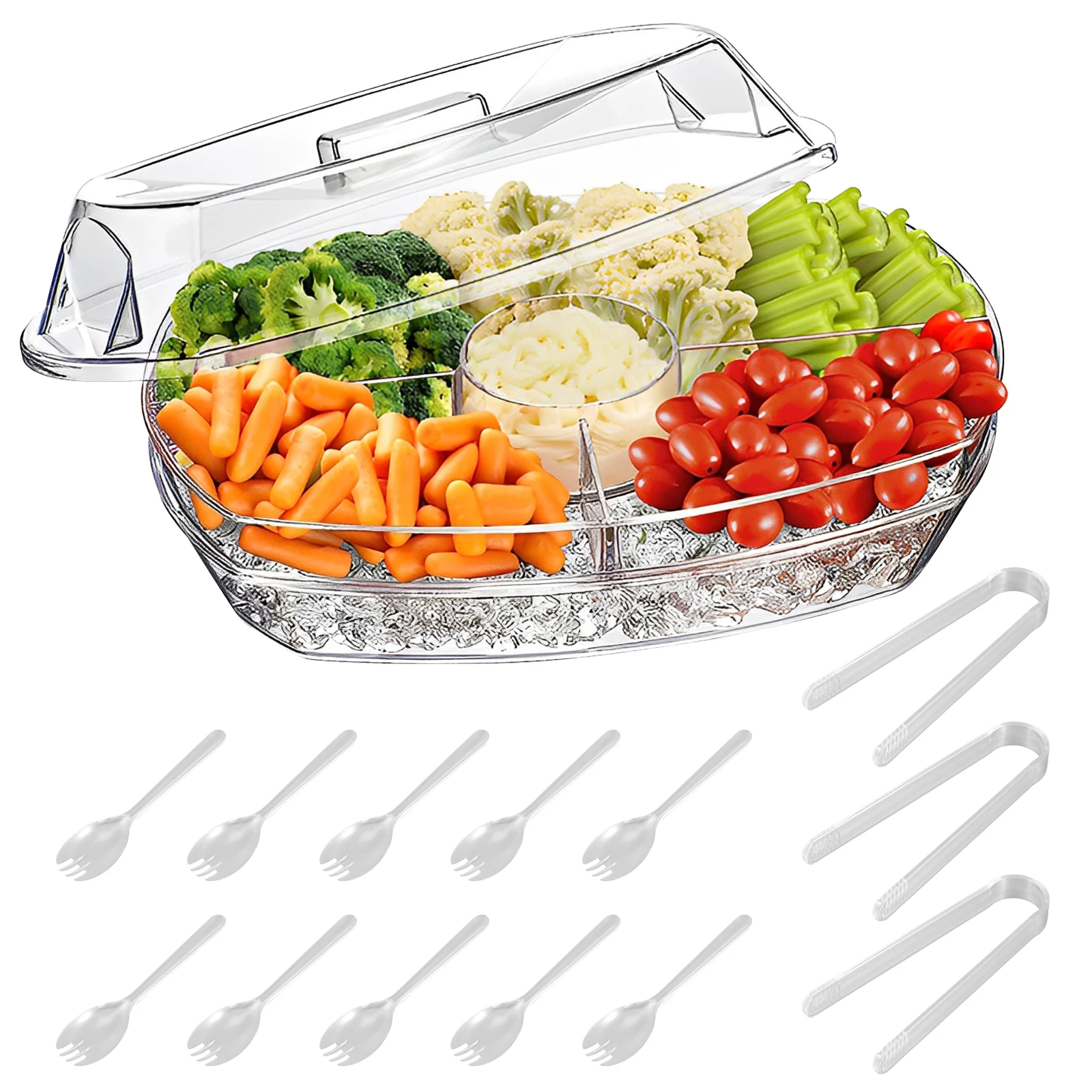 Chilled Condiment Server with 4 Compartment Clear Chilled Serving Container with Lid Reusable Ice Party Platter Portable Chilled