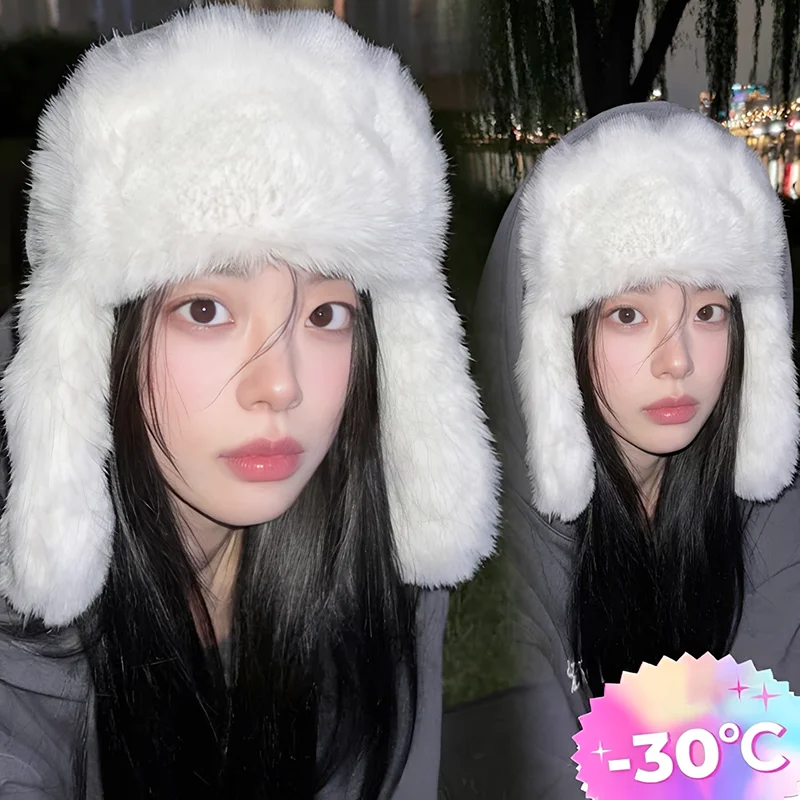 Winter Faux Fur Hats Winter Women Fluffy Ear Flap Cap Thick Plush Thermal Skiing Hat for Outdoor Cycling Snow Photoshoots