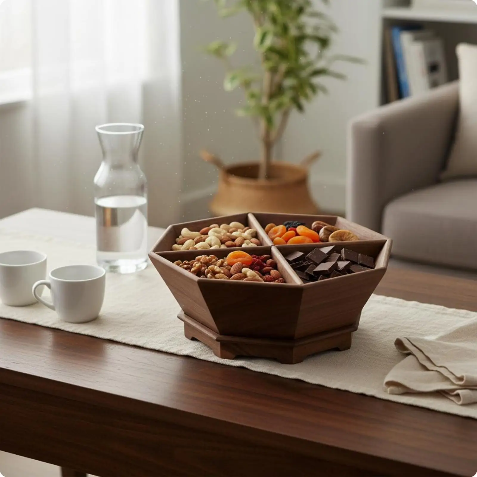 Black Walnut Industrial Tray Four Section Storage for Serving Nuts Candy Fruit on Living Room Coffee Table