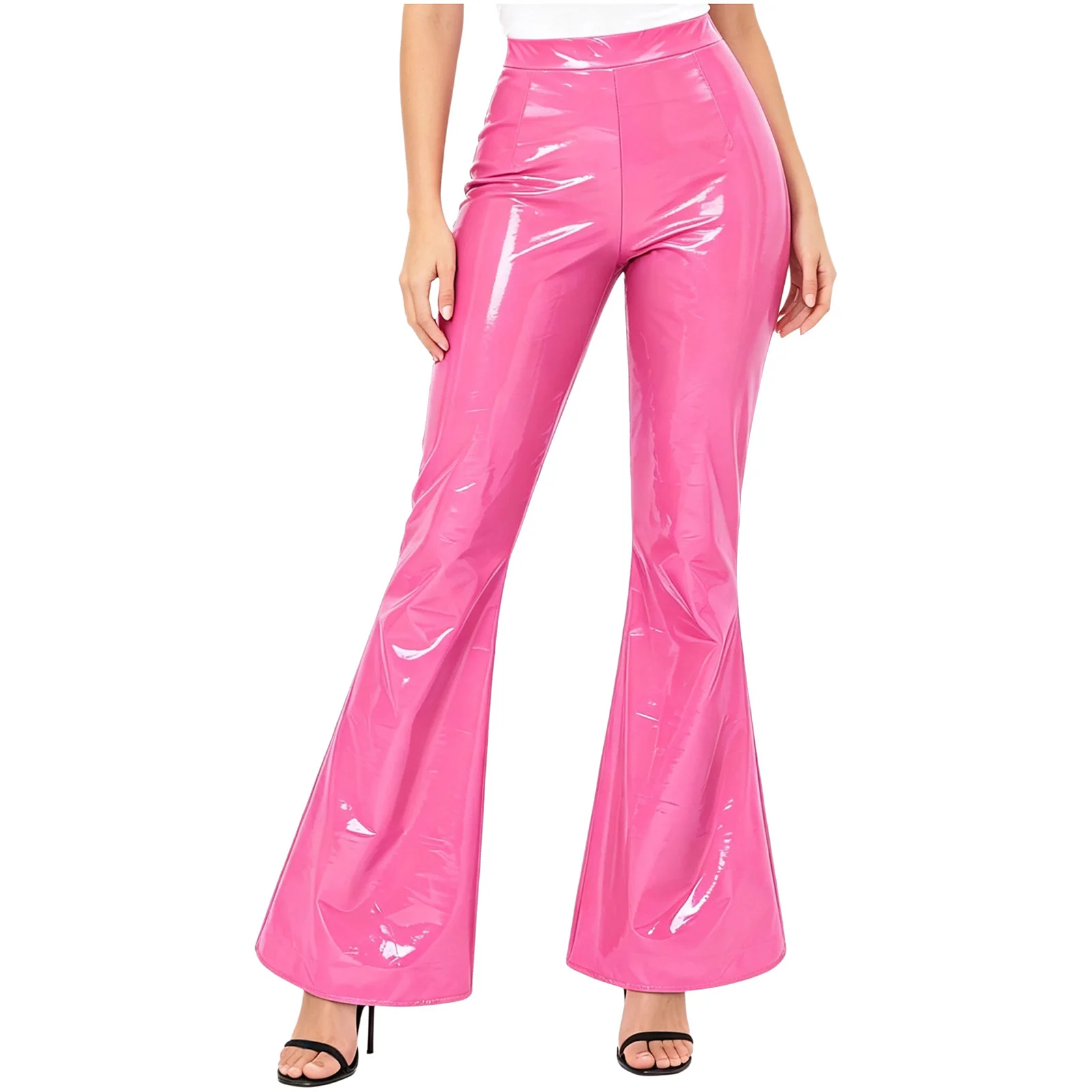 Women Glossy PU Leather Pants High Waist Back Ruched Trousers Wet Look V-shaped Bell Bottom Long Pants Clubwear