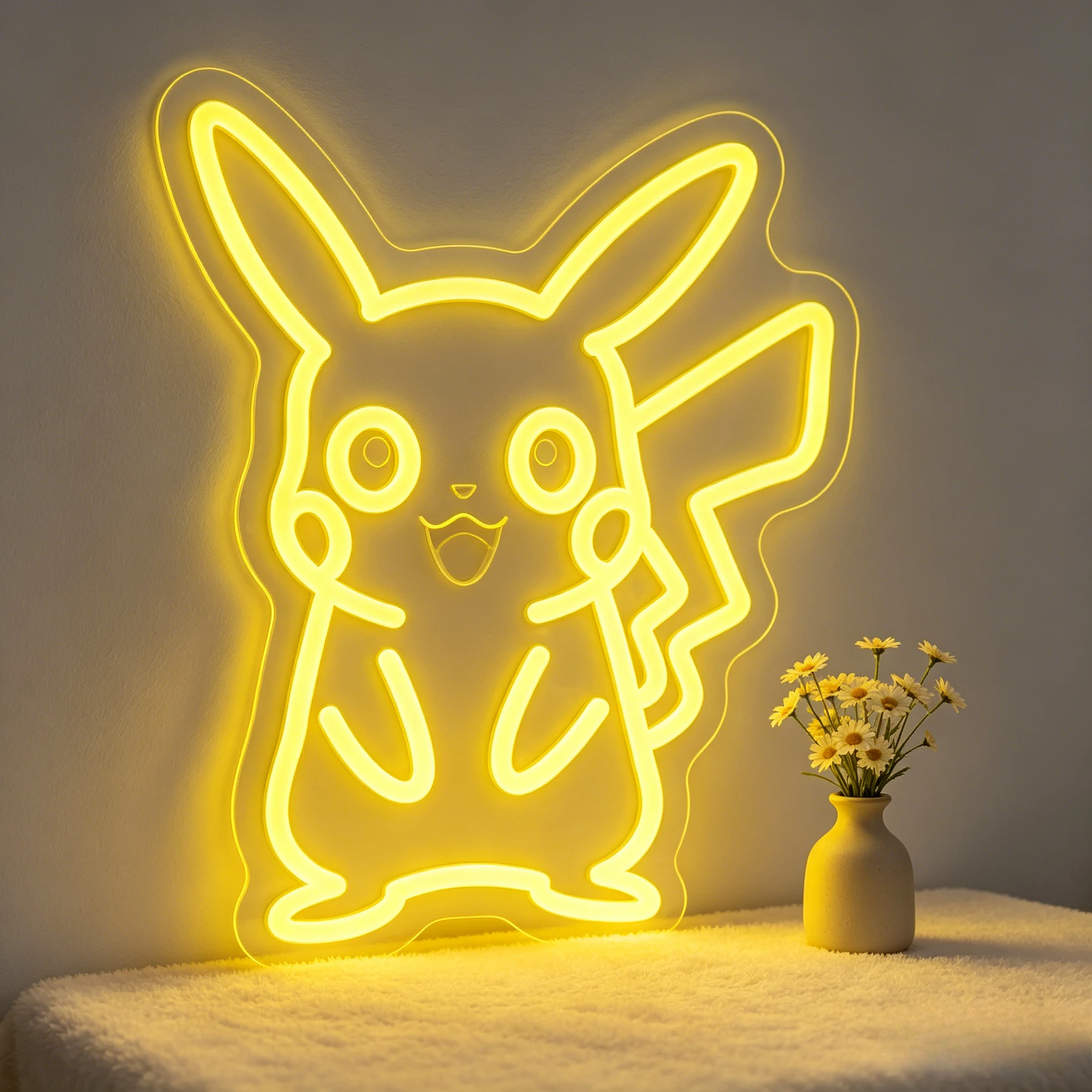 

Standing Happy Pikachu Neon Sign Light USB Dimmable for Anime Party Birthday Cafe Bar Game Room Fun Themed Wall Decor Lighting