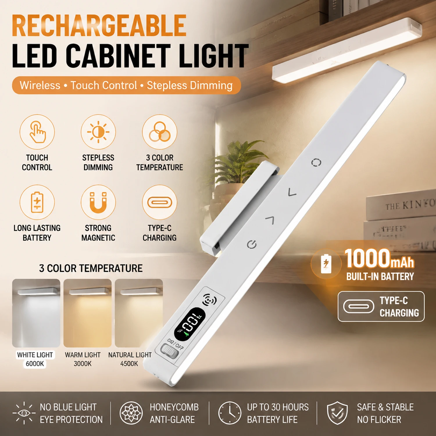 Touch Table Lamp Magnetic Desk Lamp Bulit-in 2500mAh Battery for Reading Cabinet Mirror Bedside Rechargeable Night Lights