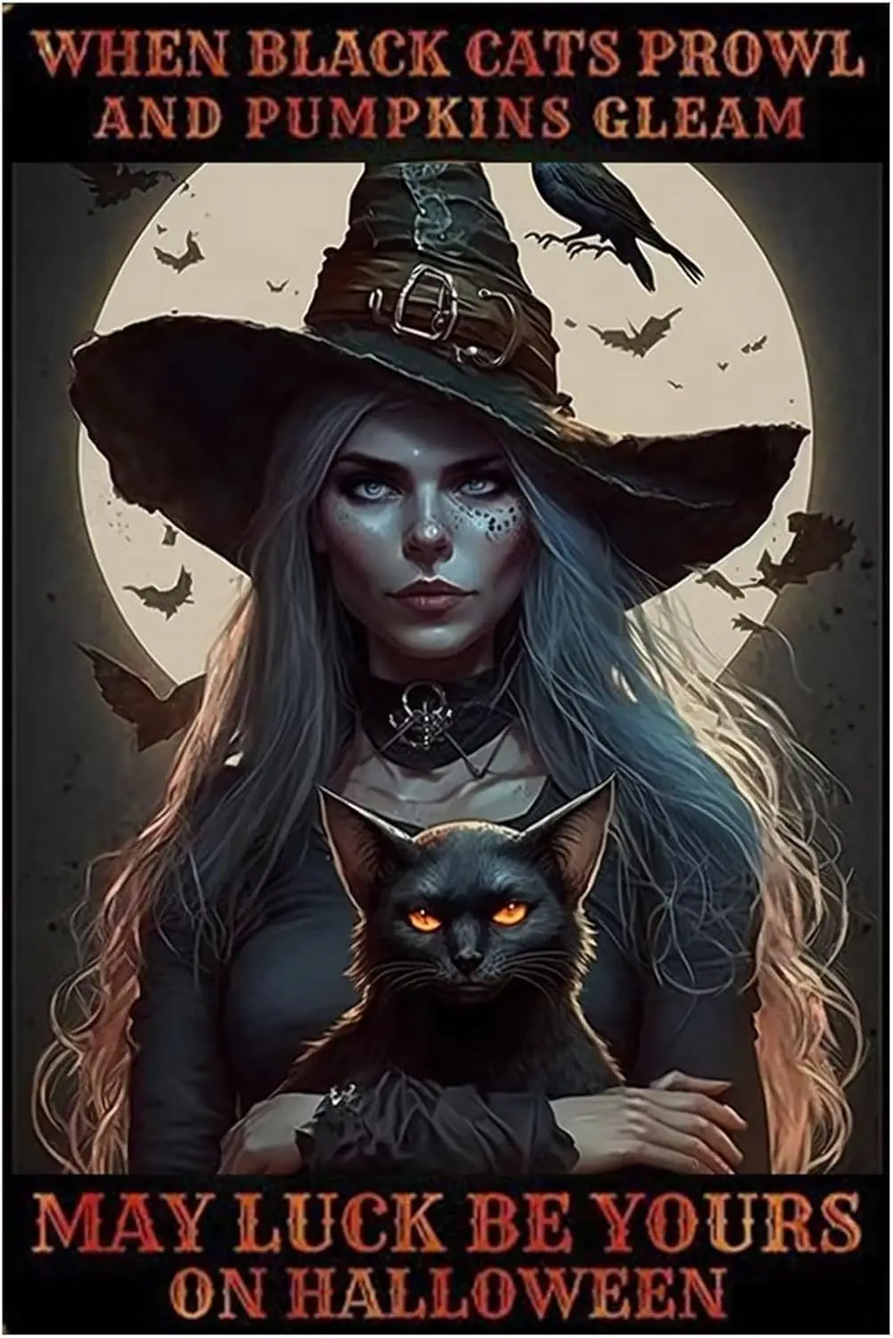 Witch Tin Signs,When Black Cats Prowl And Pumpkins Gleam,Home Wall Decor Room Kitchen Bars Clubs Office Wall Decor 12x16 inch