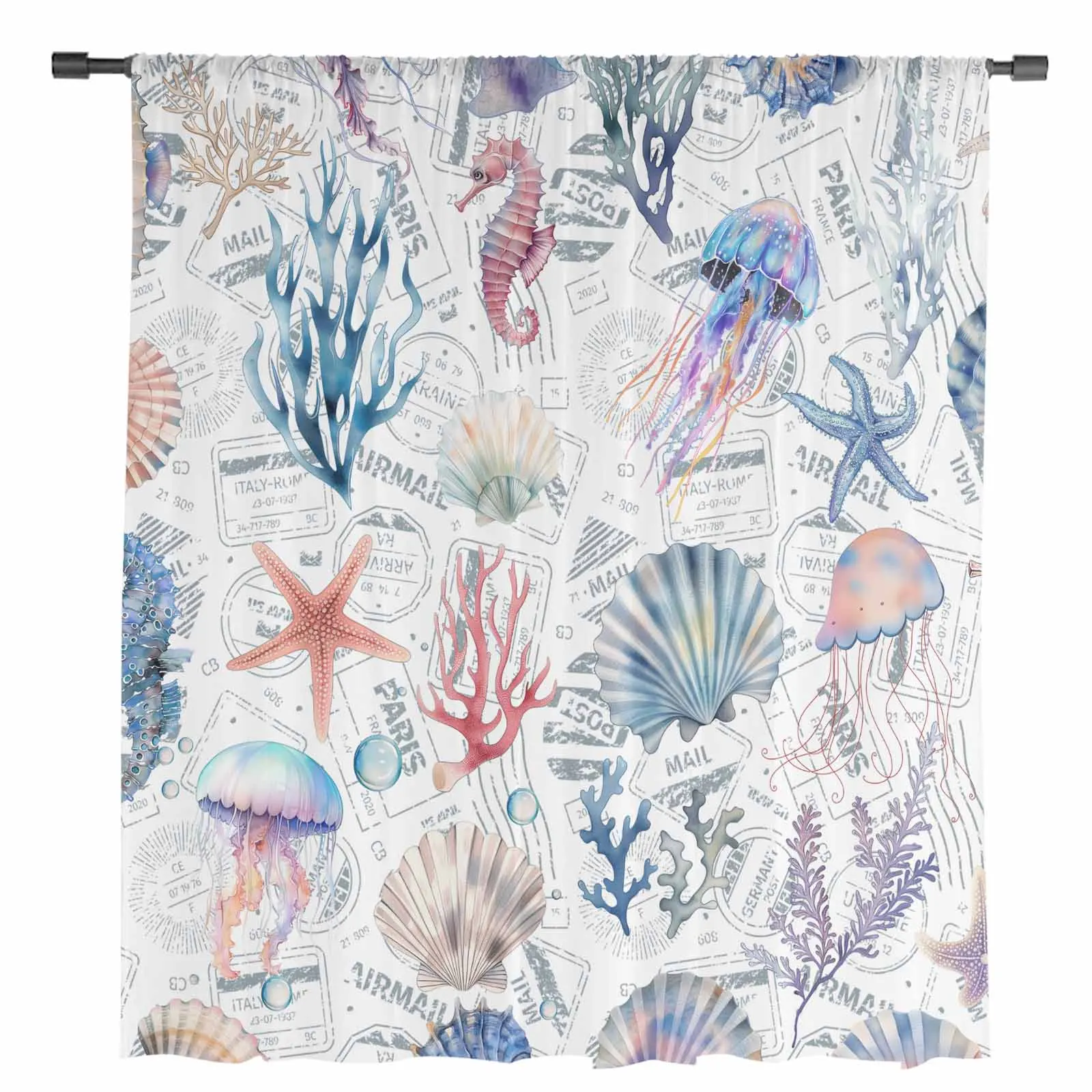 Marine Organisms Jellyfish Starfish Seahorses Shells Sheer Curtains for Living Room Window Curtains Kitchen Tulle Voile Curtains