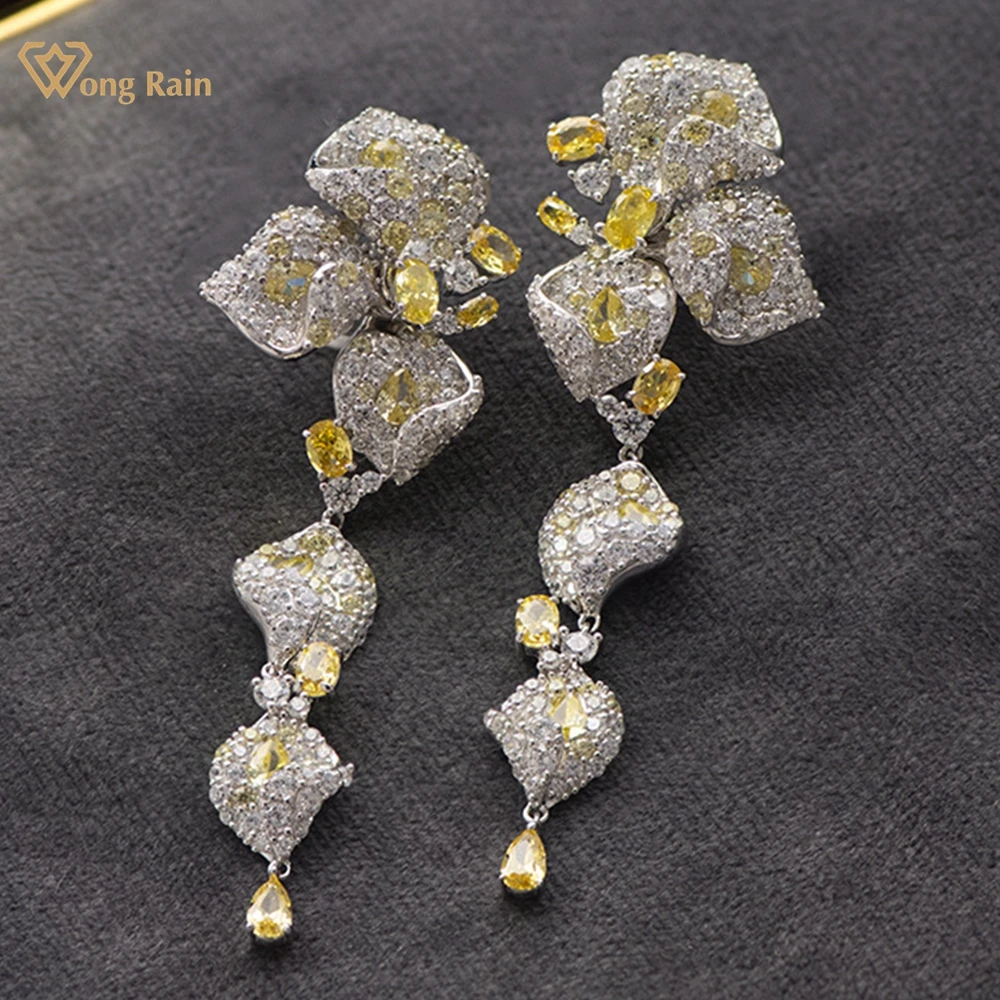 

Wong Rain Elegant 925 Sterling Silver Citrine High Carbon Diamonds Gemstone Flower Tassels Drop Earrings for Women Stud Jewelry