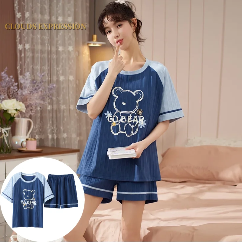 Summer New Knitted Cotton Cute Cartoon Pyjamas Set Women Pajamas Casual Plaid Sleepwear Short Nightwear Sleeve Homewear Fashion