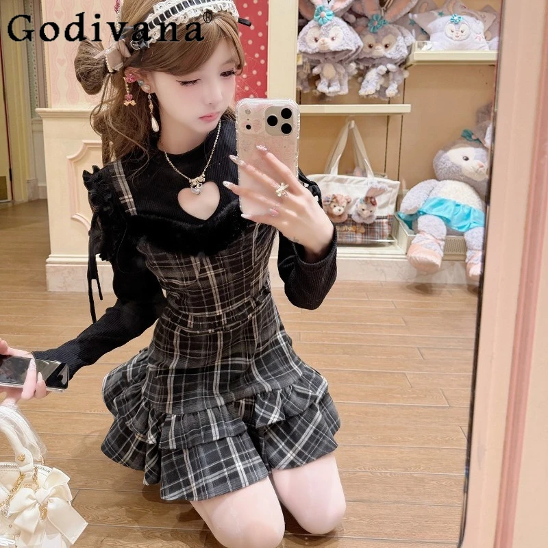 

Кружевное милое черное клетчатое платье на бретелях и топ с воротником в форме сердца, женские костюмы в японском стиле, женский комплект из двух предметов в стиле Лолиты