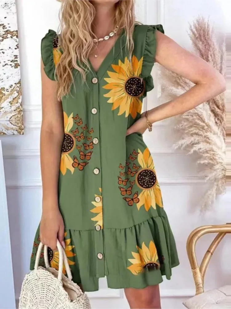 

Summer New Women's Sexy V-neck Button Flying Sleeve Short Sleeve Loose Fashion Printed Single Breasted Dress