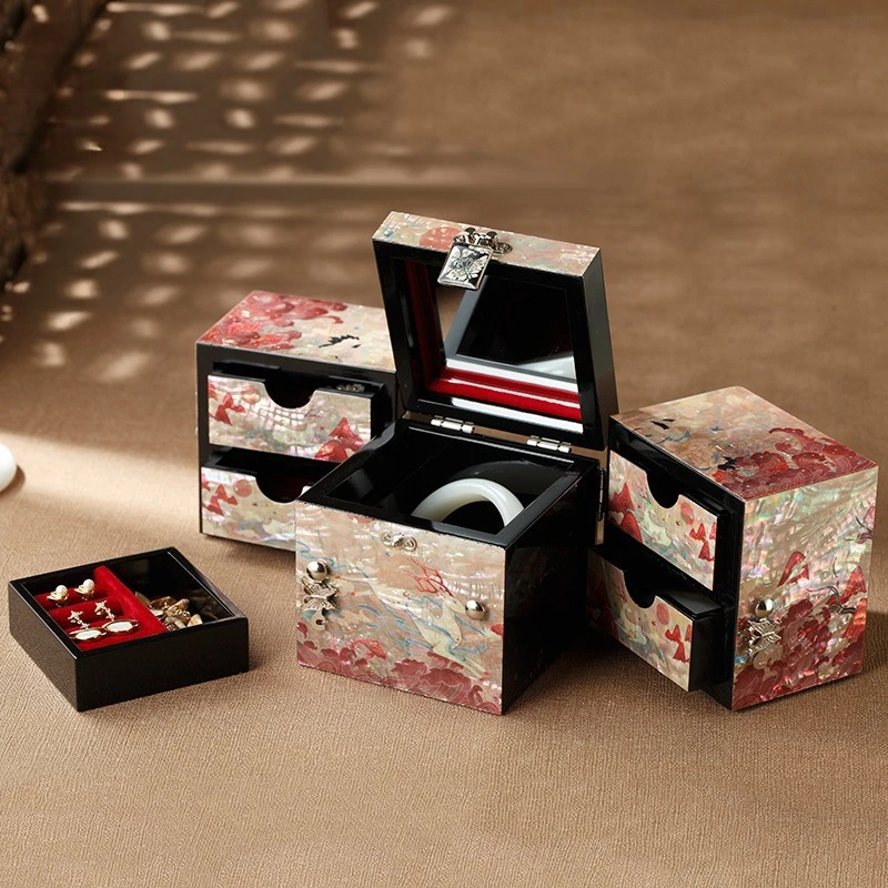 Luodian lacquer jewelry box, nine-color deer three-open multi-layer national style high-end jewelry box, wedding birthday gift,