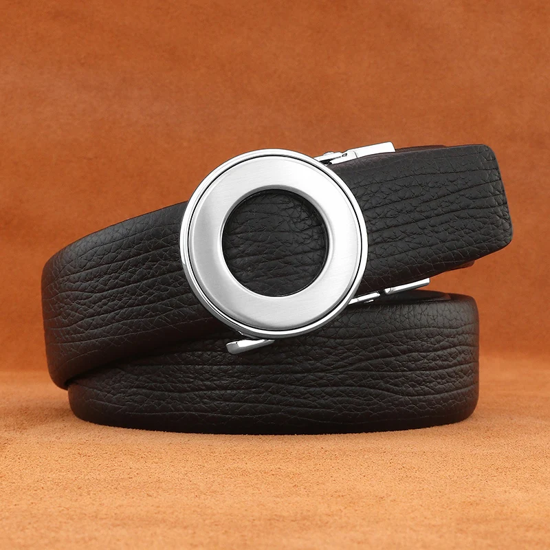 أحزمة بإبزيم أوتوماتيكي بسيط عالي الجودة للرجال، حزام خصر فاخر من الجلد المحبب بالكامل، حزام خصر رسمي أسود #6