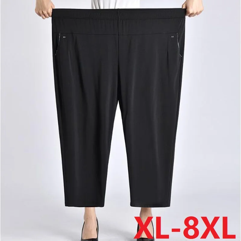 5XL 6XL 7XL 8XL Women Summer Pants 2022 New Elastic High Waist Casual Ninth Pants Middle-aged Elderly Female Straight Mom Pants