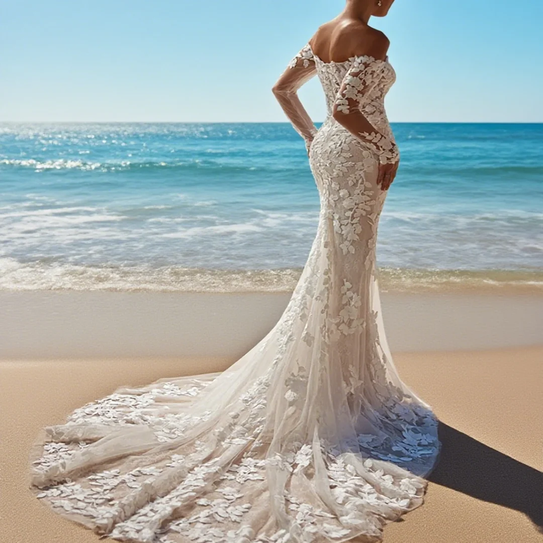 

Customized heart-shaped long-sleeved embroidered lace wedding dress. Comfortable skirted bride's formal wedding dress.