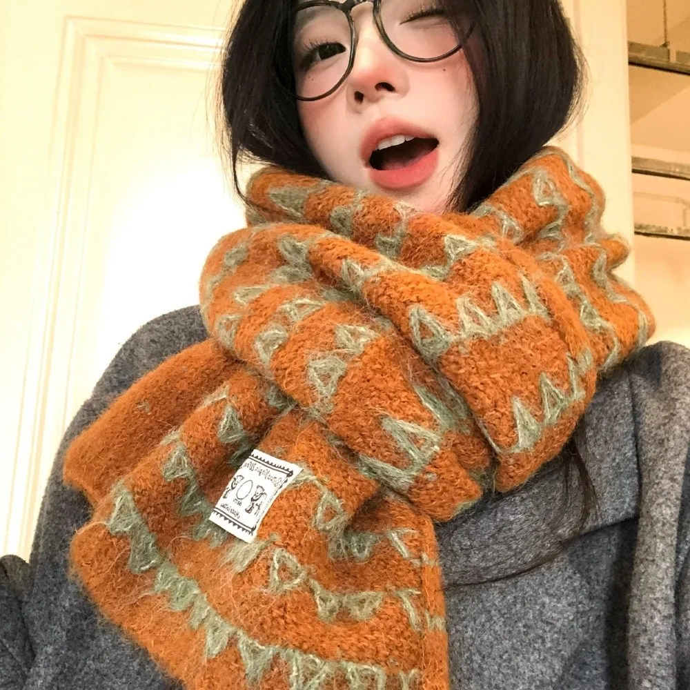Cozy Thick Wool Blend Scarf Korean Style 170cm x 25cm Pumpkin Color Knitted Scarf Cold Proof Fall Winter Neck Warmer For Women