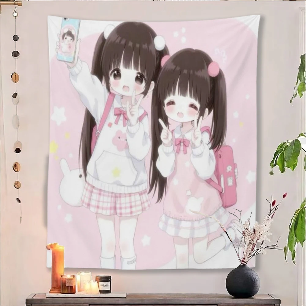 Soft Pastel Anime Tapestry, Cute Twin Chibi Girls Wall Hanging, Perfect for Living Room, Bedroom & Party Decoration