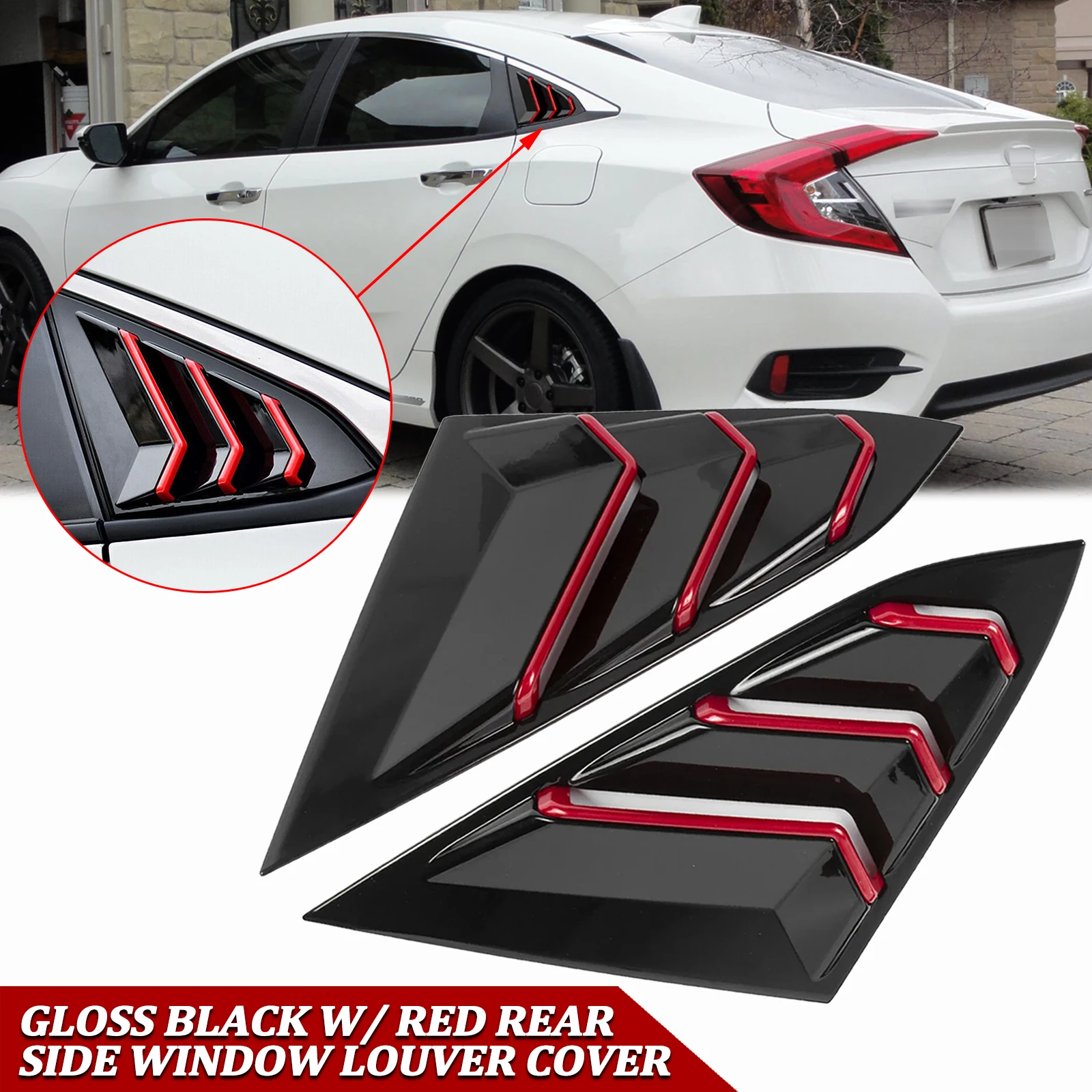 Glossy Black w/Red Edge Quarter Window Side Air Vent Louver Shutter Cover Molding Trims For Honda Civic 10th Gen Sedan 2016-2021