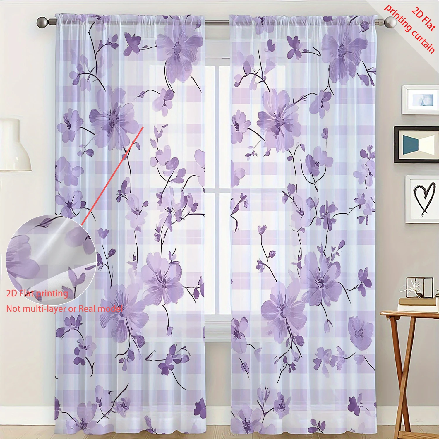 2 Pieces HD Digital Purple geometric flower Printed Window Screen Home Decor Style Decoration Living Room Bedroom Rod