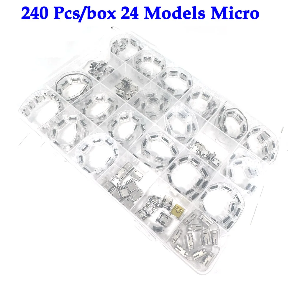 Micro USB Connector Set 240 Pcs/box 24 Models Female mini usb soldering connectors diy,For MP3 Huawei Samsung SMD DIP Socket Kit