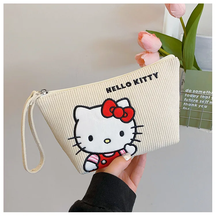 Sanrio Hello Kitty Corduroy Maquiagem Bolsa dos desenhos animados, Saco de Higiene Pessoal Feminino, Viagem Armazenamento Portátil, Maquiagem Bolsa