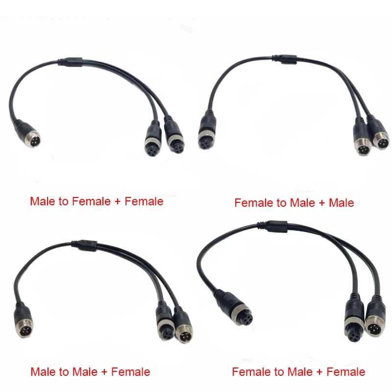 4 Types M12 4Pin Aviation Head to Aviation Head Male / Female Extension Y Splitter Cable Adapter for CCTV Camera Connector 1Pcs