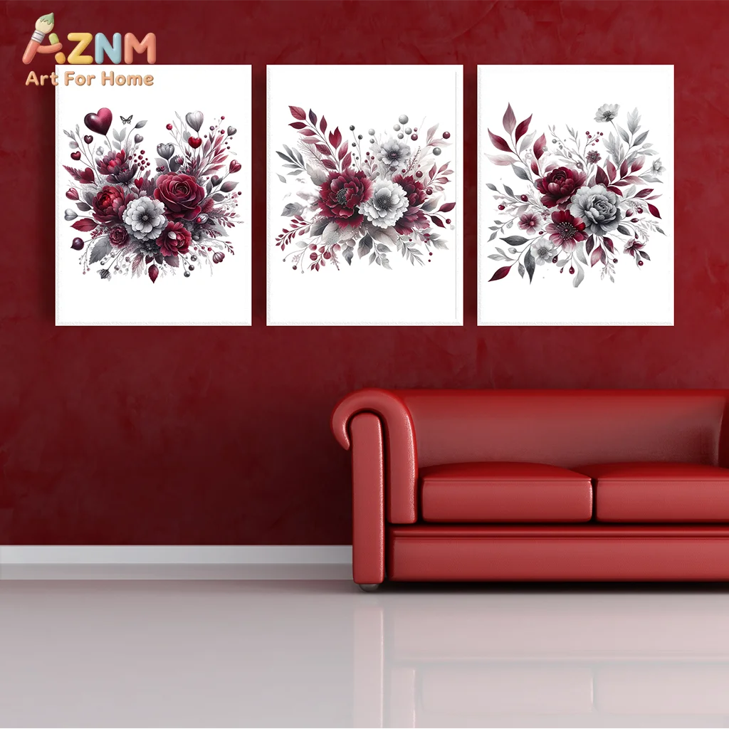 AZNM Burgundy Gray Floral Canvas Print Watercolor Red Peony Flower Bouquet Minimalist Wall Poster Unframed Modern Bedroom Home D