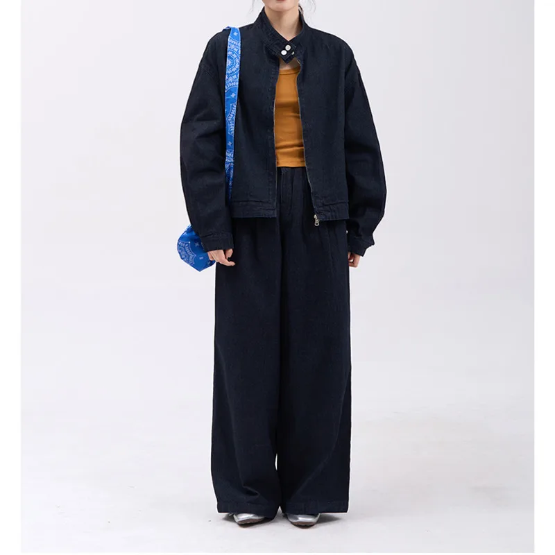 Kwtx feminino 2 peças denim conjunto cor sólida casual vintage jaqueta & calças zip-up de alta qualidade primavera verão 2025 na moda streetwear