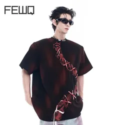 FEWQ Darkwear Niche Dyeing Design Straps Short Sleeved T-shirt Men's Summer 2024 Contrast Color Male Tops Fashion 24E1308