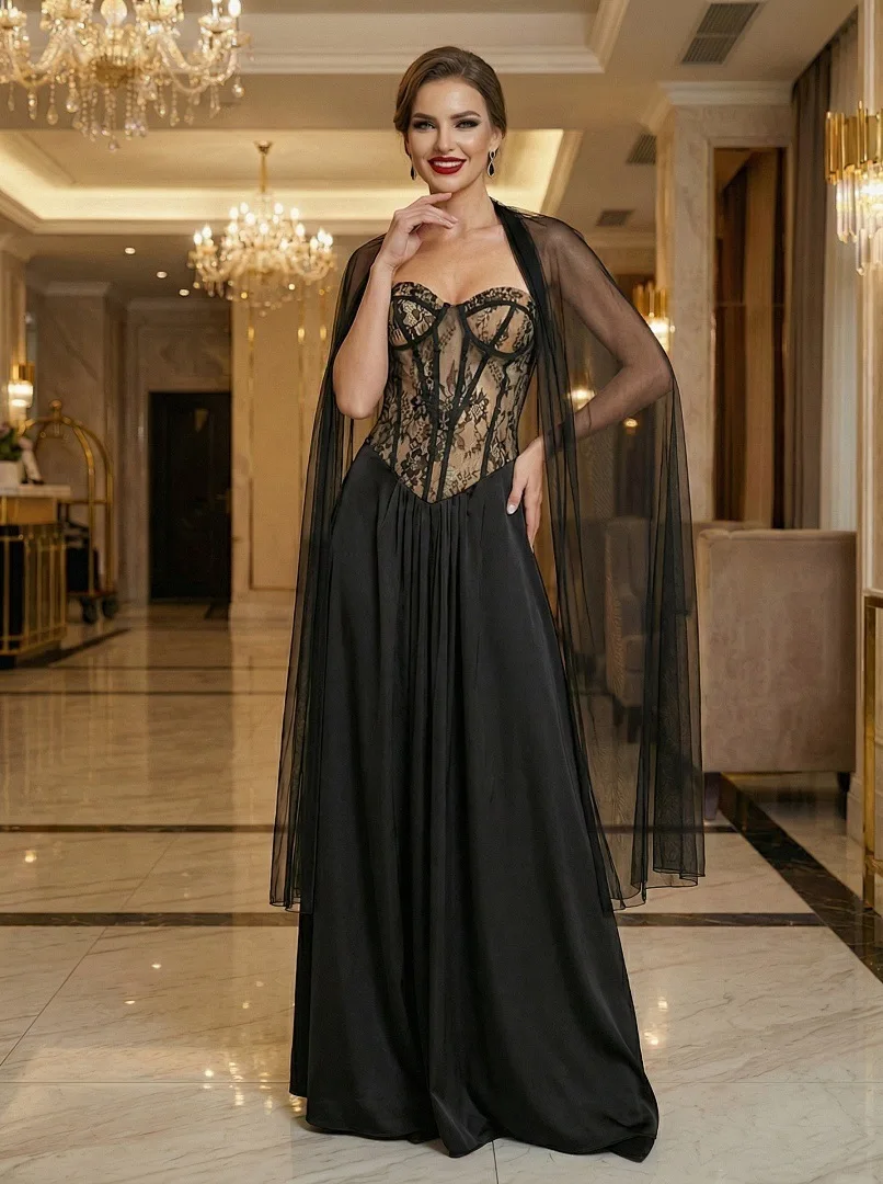 

Elegant Women’s Lace Corset Maxi Evening Dress Sheer Mesh Shawl Strapless Backless Long Dresses Celebrity Prom Formal Gowns