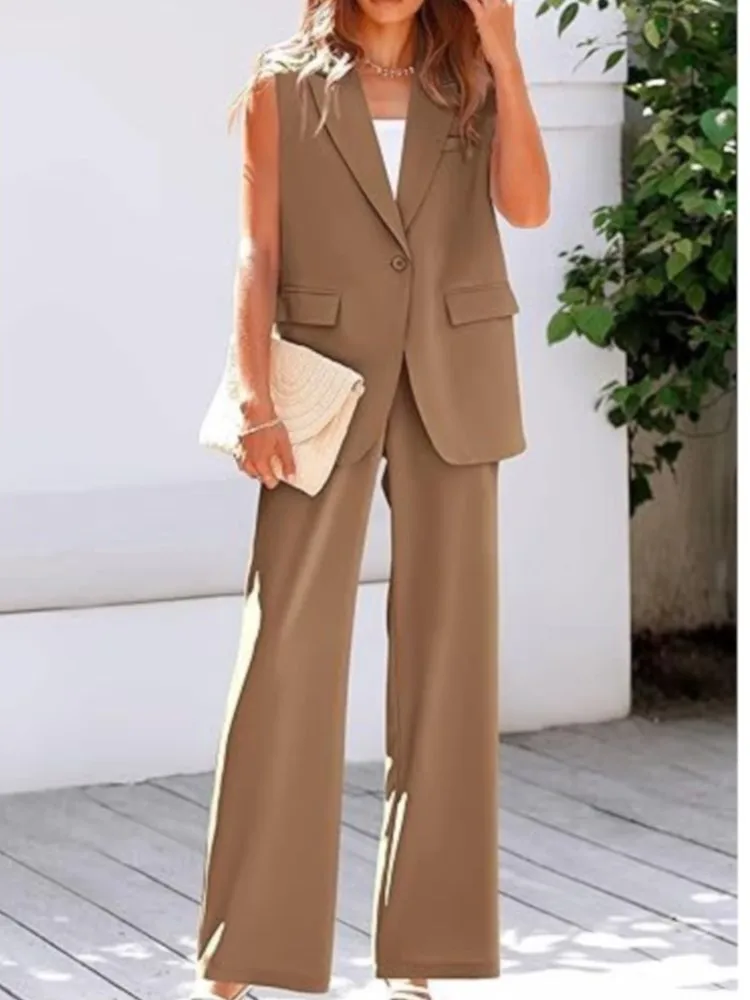 ผู้หญิงที่สง่างามชุดสองชิ้นชุดเสื้อกั๊กกางเกงชุดฤดูร้อนใหม่คอวีแขนกุดเสื้อสูท + กางเกงขากว้างชุดชุดหญิง