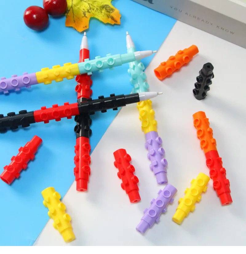 24 Pcs Cute Stationery Student Children's Brainstorming Pens Cartoon Deformed Building Block Rollerball Pen Assembled