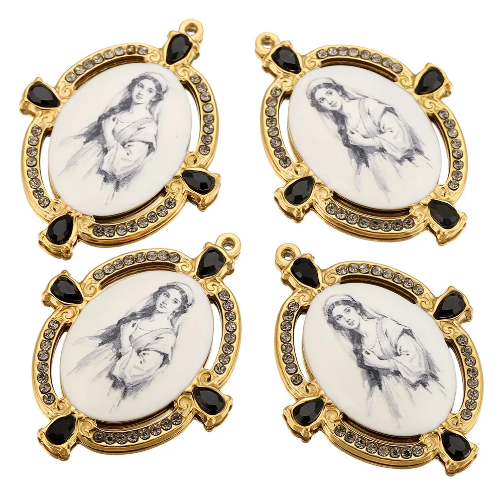 2pcs Stainless Steel Oval Vintage Portrait Frame Border Enamel Charms Bag Pendant for DIY Jewelry Necklace Making Wholesale