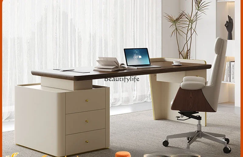 Retro simple desk home office light luxury computer desk retractable saddle leather cabinet