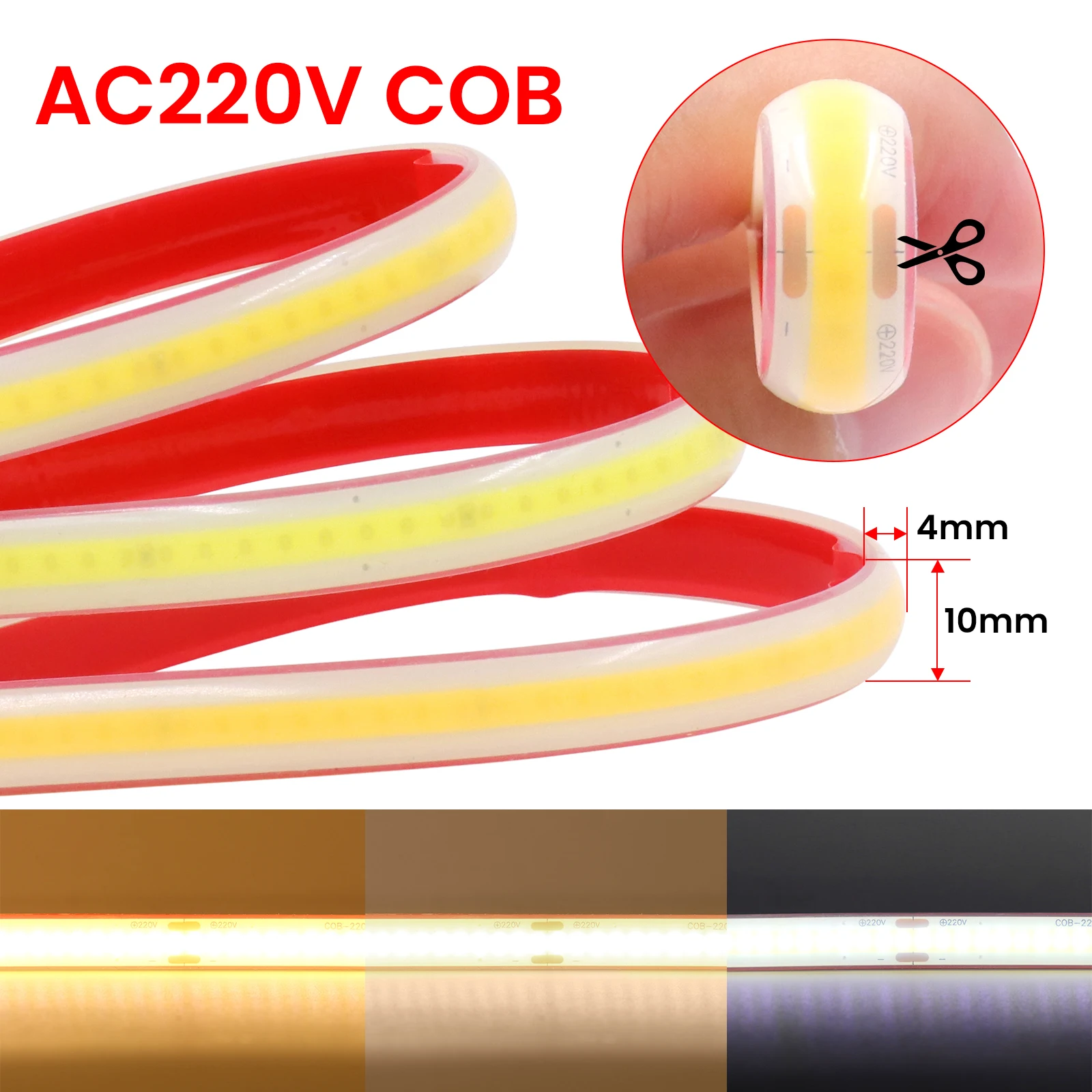 220V COB LED Strip Light IP67 Waterproof AC 3000K 4000K 6000K High Bright Flexible Tape 288LEDs/m EU Power Plug Linear Lighting