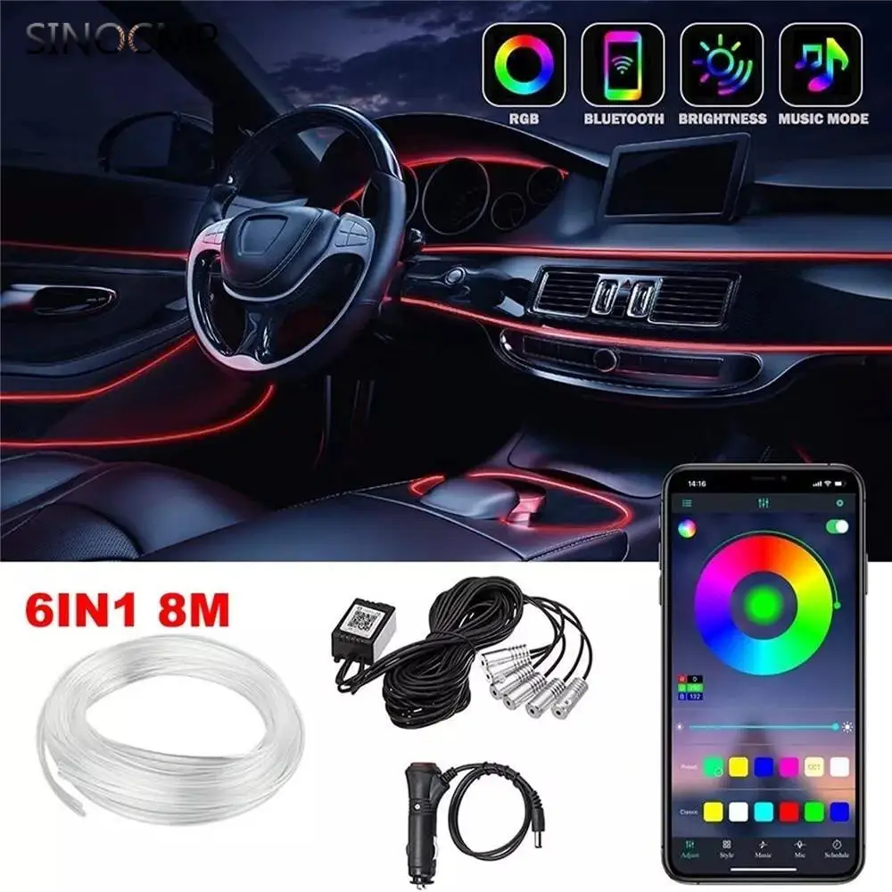 

1pcs Car Atmosphere Lamp App Controls Cigarette Lighter Six 8m 6 En 1 Luces Tiras Led Rgb Luz Interior Auto Fibra Optica