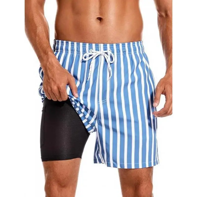 Quick Dry Double Layer Beach Shorts Printed Casual Sports Shorts Beach Pants Men's Summer Straight Leg Casual Shorts