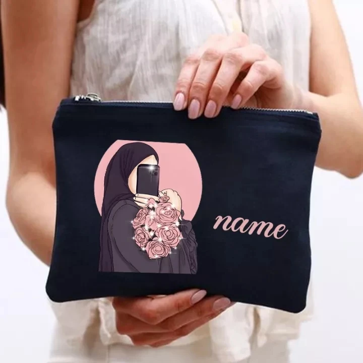 Personalised Hijabi Girl Makeup Bag Travel Organizer Pouch Muslim Girls Gifts Custom Name Zipper Pouches Cosmetic Bags Eid Gifts